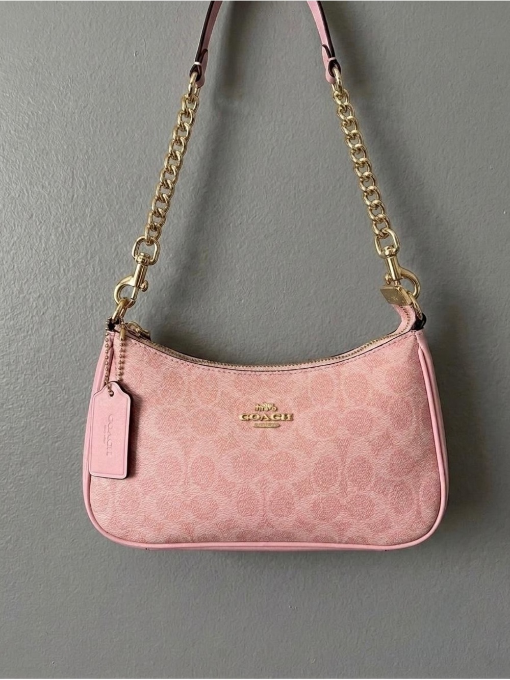 Coach Pink Signature Chain Shoulder Bag with Gold Hardware